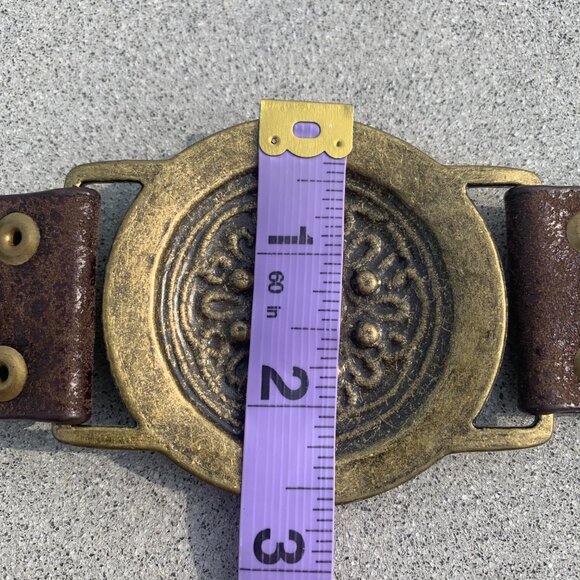 Vintage 90s Y2K Brown Leather Brass Rhinestone Stud Concho Boho Hip Belt - Picture 14 of 16